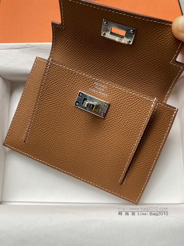 Hermes卡包 愛馬仕原版Kelly Pocket Epsom皮 Hermes新款小錢包 金棕銀扣  tdh2166